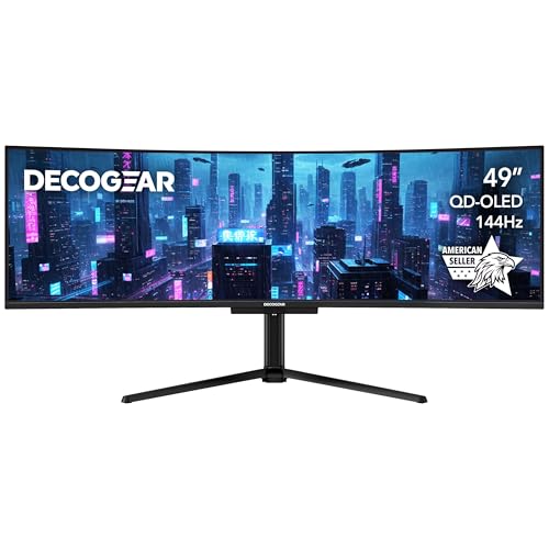 Deco Gear 49' Curved QD-OLED Ultrawide Monitor | 5120x1440 | 144Hz | HDR400 True Black | 0.03ms | FreeSync Premium | 100% sRGB | HDMI 2.1 | 90W USB-C | Built-in Speakers| Height Adjustable Stand