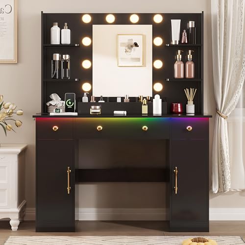 Image of HUANLEGO Vanity Desk with Mirror and Lights, Makeup Vanity with Mirror and LED Lights & Power Outlet, 3 Drawers and Cabinets, 3 Lighting Modes Dressing Table Set for Girls Women Bedroom,Black