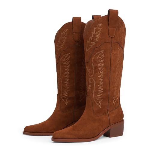 Cowboy Boots for Women Knee High Womens Cowgirl Boots for Girls Pointed Toe Slip on Chunky Heel Western Boot