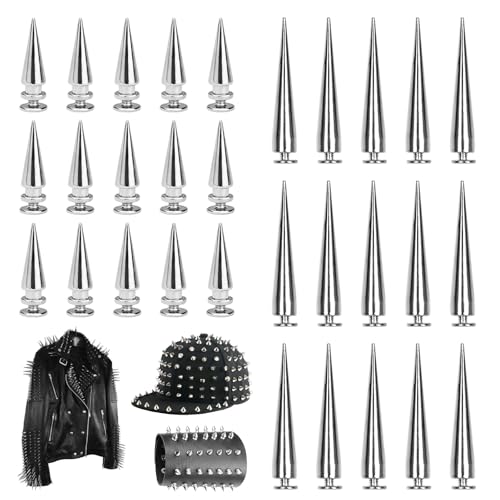 Orixo 30 Pièces Rivet Cône Clou 15pcs 7 X 20 mm Rivet Punk Pieces + 15pcs 7 X 40 mm Pique Punk, Rivet Cone Cuir Argenté, Punk Cone, Rivets Conique pour Sacs...