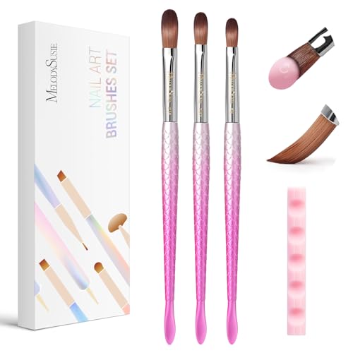 MelodySusie 3Pcs Acrylic Nail Brush Set Size 8/10/14 with Brush Holder Nail Art Brushes for Acrylic Application Powder Nail Extension and 3D Carving Nail Art Tools for DIY Home Salon Pink-Silver