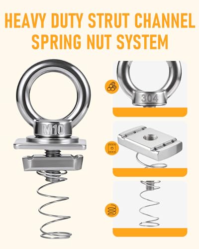 Image of Strut Channel Nut and Eye Bolt Set - Heavy Duty Stainless Steel Eye Bolts M8, M10 | Zinc Plated Spring Nuts, Long Spring for Unistrut, M10, Pack of 8