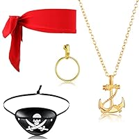 4 Pcs Pirate Costume Adult Pirate Accessories Set Includes Pirate Eye Patches Pirate Bandana Womens Earrings Pirate Hat for Kids Pirate Necklace for Halloween Supplies (Red, Gold, Anchor Style)