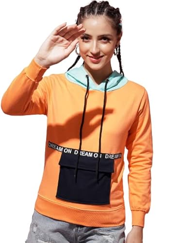 Women Hooded Colorblock Orange Color Fullsleeve Sweatshirt