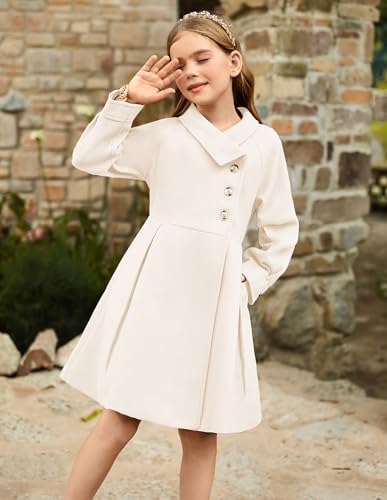 Image of GRACE KARIN Girls Dress Coat Kids Wool Lapel Long Button Jackets Fall Winter Outerwear Peacoat with Pockets 5-12Y
