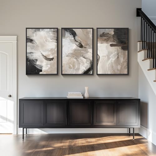 Large Framed Neutral Abstract Wall Art for Living Room, 3 Piece Modern Canvas Prints Paintings Artwork for Walls, Black Beige Brown Neutral Tone Pictures for Hallway Bedroom Office Wall Decor 24x36 In - Image 5