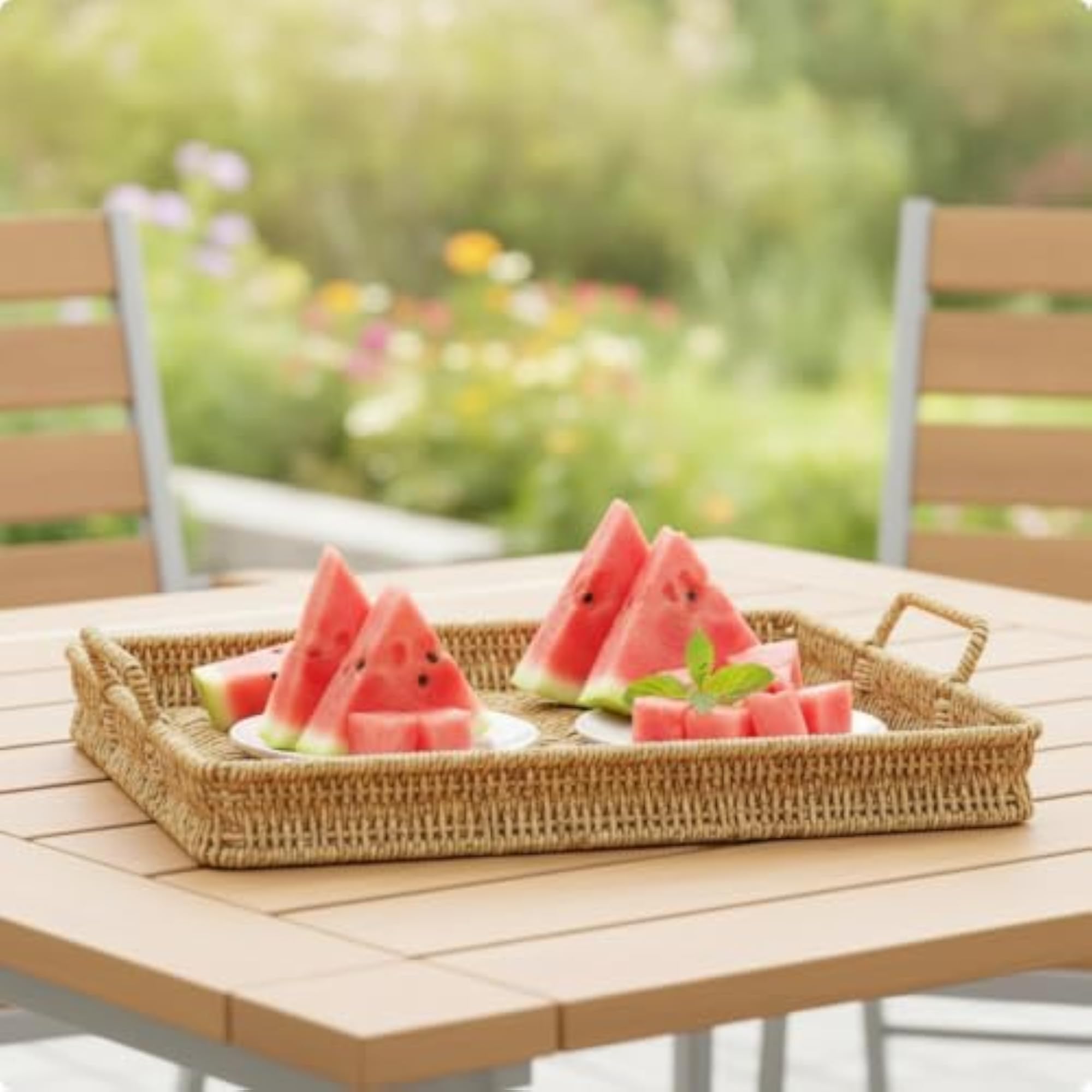 Rectangular Wicker Serving Basket with Handles, Shallow Woven Tray