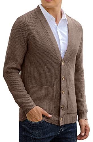 Sailwind Chaqueta de punto para hombre Cardigan Cárdigan V Cuello Chaqueta de Invierno Clásica Cálida Manga Larga Cálida con Botones Y Bolsillos, Color caqui oscuro., XL