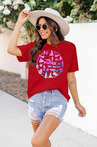 Image of FRYAID Women May The Power Be with You Graphic T Shirt Short Sleeve Casual Tops Summer Fun Vacation Shirt Soft Casual Fit