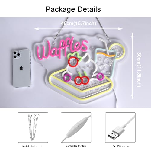 Image of Waffles Neon Sign, Neon Lights Hanging Wall Art Decoration for Store Retail Shop Market Grocery Bakeries Dessert Cafe Celebration Home Decor,USB Powered Ultra Bright Dimmable,15.75x11.8inches