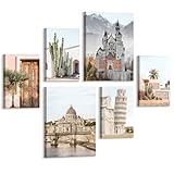 【6 Pcs de tableaux sur toile】 Dimensions de nos tableaux sur toile Europe célèbre architecture : 20 x 30 cm x 4 + 30 x 40 x 2. Cette peinture sur toile représente des monuments européens célèbres : le château de Neuschwanstein, la tour penchée de Pise et la basilique Saint-Pierre. Ses couleurs fraîches et délicates évoquent la nostalgie des beaux endroits.
