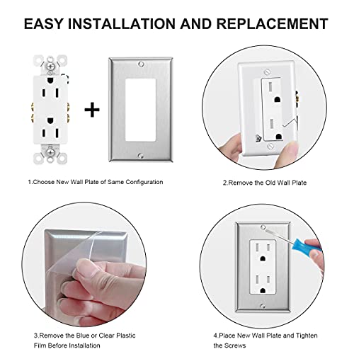 6-Pack 1 Gang Decorator Wall Plate Stainless Steel Outlet Covers For Light Switches, Dimmers, Rocker Gfci, Receptacle, Usb Outlet,Brushed Finish, Silver #TOP4