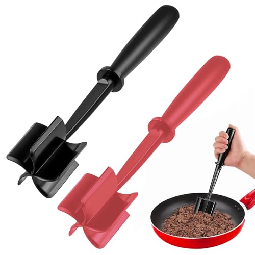 2Pcs Ground Beef Chopper Tool, Meat Masher Ground Beef Heat Resistant Meat Spatula Chopper Hamburger Meat Chopper, Black+Red