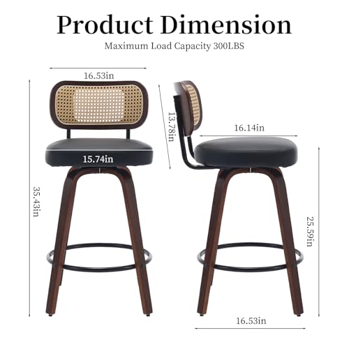 Image of Swivel Counter Height Bar Stools Set of 4, 26 inch Bar Chairs with Curved Rattan Back, Upholstered PU Leather, Walnut Craftsmanship, Mid Century Modern Counter Stools for Kitchen Counter, Black