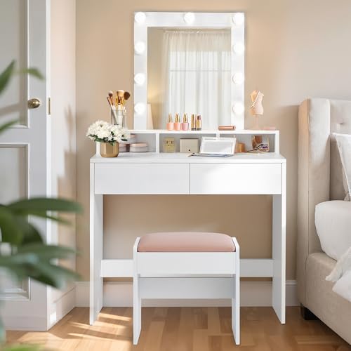 VASAGLE Kailyn Collection - Coiffeuse avec Miroir et Lumière, Table de Maquillage, avec Tiroirs, Rangement Bijoux, pour Chambre, avec Tabouret, Largeur de 80...