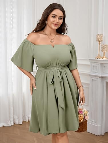 Image of SCOMCHIC Womens Plus Size Cocktail Dress Summer Off Shoulder Short Sleeve Flowy Ruffle A-Line Cute Mini Dress with Belt