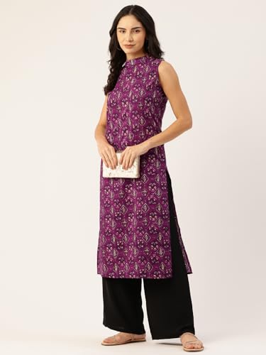 Image of feranoid Unique Printed Choker Neck Back Button Sleeveless Long Kurti
