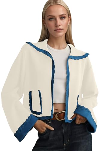 Ythomm Womens Scallop Lapel Collar Knit Cardigan Sweaters Color Block Long Bell Sleeve Open Front Fall Sweaters with Pockets - Main Image