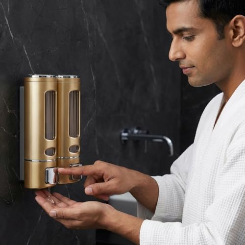 Image of ALTURAS Wall Mounted Liquid Soap Dispenser, ABS, 400 ML, for Shampoo, Sanitizer and Gel Handwash Dispenser (400 ML Gold Combo)