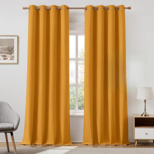 Image of HOMEIDEAS 100% Blackout Mustard Yellow Linen Curtains 52W x 96L 2 Panels