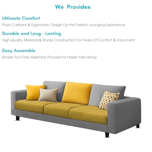 Image of Galib 3 Seater Sofa Set for Living Room (Yellow Grey Fabric) Premium Fabric Sofa Set