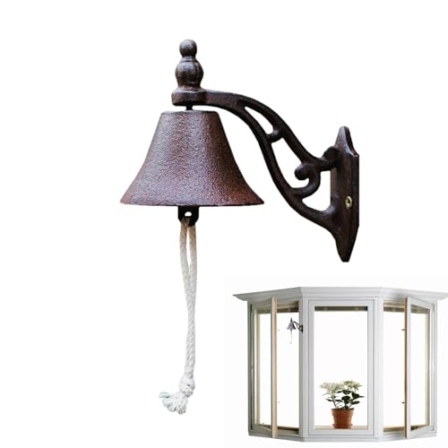 Timbre de hierro forjado – Campana de pared vintage para puerta de entrada, campanas de cena retro vintage, campana de cuerda para colgar manualmente para jardín, iglesia y casa