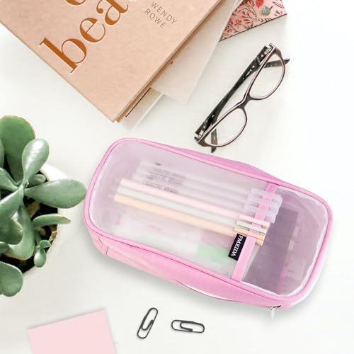Image of Fmeida Grid Mesh Pencil Case - Upgraded 4 Compartment Pencil Pouch, Clear Adult Pencil Bag Aesthetic Marker Pouch Stationary Bag Office Organizer for College Business Travel - Pink&White