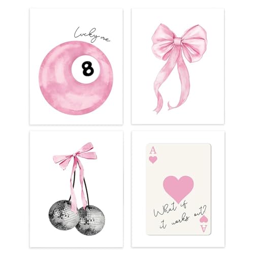 ZenithAura 4 Stücke Moderne Preppy Poster Rosa Schleife Wandkunst Zimmerdekoration Drucke 20X25 cm Ungerahmt Blassrosa Coquette Raum Ästhetik Disco 8 Ball Wanddekoration