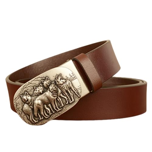Men's Leather Ratchet Belt With Western Wolf Engraved Automatic Buckle For Dress Pants