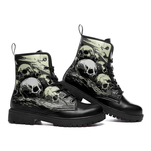 Custom Black Combat Boots for Women Fashion Lace-Up Skull Rose Ankle Booties Chunky Heel Platform Leather Boots2