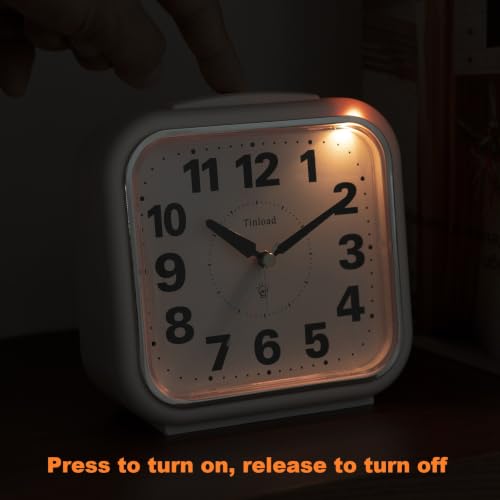 Image of Tinload 5.5 inch Large No Ticking Analog Alarm Clock,Silent Readable for Seniors,Easy to Set,Gradual Rise Alarm,Big Numbers,Gentle Wake,Snooze, Lighted on Demand,Battery Operated,White