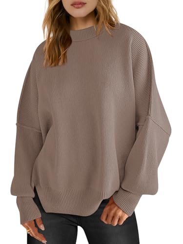 LOGENE Women's Oversized Batwing Long Sleeve Crewneck Side Slit Ribbed Knit Pullover Sweater Tops2