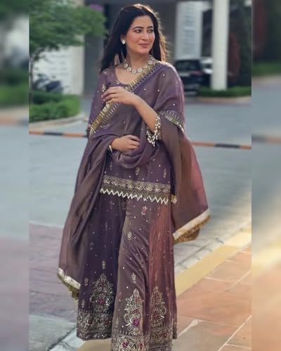 Image of Women's Designer Sharara Suit Set, Purple Silk with Zari Embroidery, Traditional 3-Piece Ethnic Wear