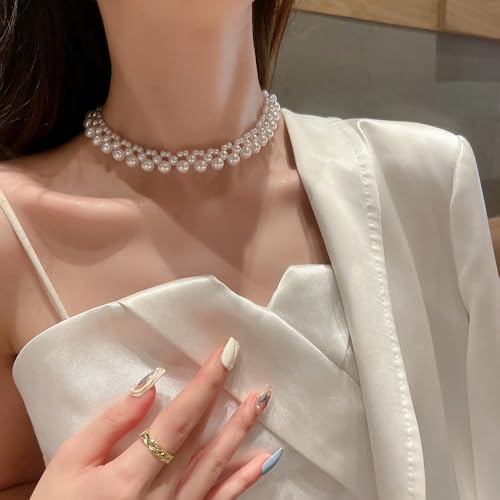 Prom Pearl Statement Choker Necklace, Dainty Cluster Round Beads Pearls Collar Necklace Exquisite Wedding Pearl Earrings for Bridal Bridesmaid3