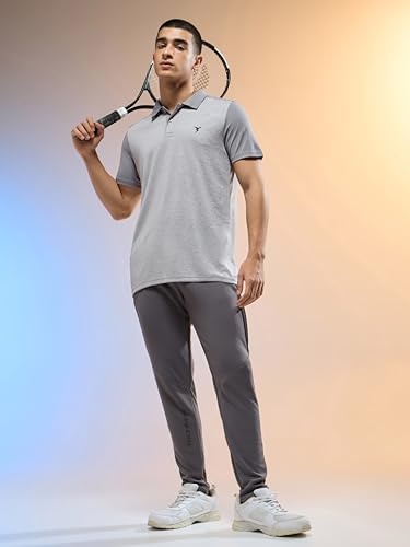 Image of TECHNOSPORT Men Polyester Self Design Polo Neck Half Sleeve T-Shirt with UPF50+, Double Cool for Gym, Sports and Regular Use