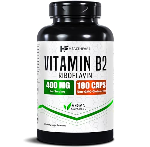 Healthfare Vitamin B2 Riboflavin 400mg | 180 Vegan Capsules | High Potency | Non-GMO | Gluten-Free | Made in USA