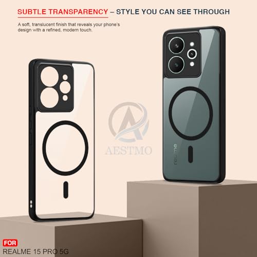 Image of AESTMO Realme 15 Pro 5G Back Cover | 360 Protection | Crystal Clear Hard Back Transparent | Compatible with MagSafe Accessories for Realme 15 Pro 5G (PC+TPU, Black Bumper)