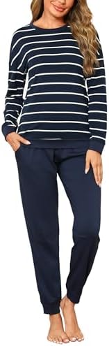 Bresdk Schlafanzug Damen Lang Baumwolle Pyjama Set Nachtwäsche Winter S-4XL | Zweiteiliger Hausanzug mit Streifenoberteil und Bündchen; bequeme Loungewear für Frauen und Seniorinne