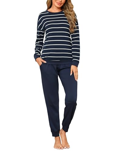 Bresdk Schlafanzug Damen Lang Pyjama Set Langarm Baumwolle Winter Nachtwäsche Frauen Dunkelblau XL