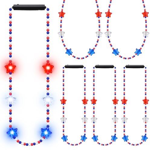 Ecation 4th of July Bead Necklace Light up LED Neon Beaded Necklaces Bulk Patriotic Red White and Blue Star Accessories for Independence Day Memorial Day Events Party Celebration(Star)