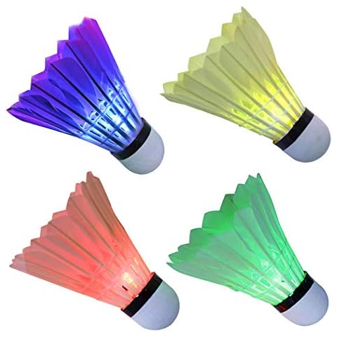 Arespark LED Badminton Shuttlecocks, Badminton Birdie Lighting Glow in The Dark, Colorful Goose Feather Badminton Birdie for Backyards Kids Sports Activities (Pack-4) Cover