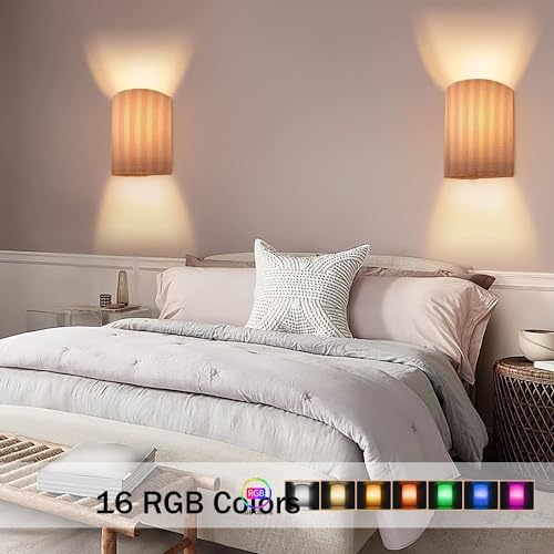 Image of Wall Sconces Set of Two Battery Operated Pink Pattern Cute Wireless Plug in Wall Lights Fixtures Remote Dimmable for Bedroom Living Room Hallway