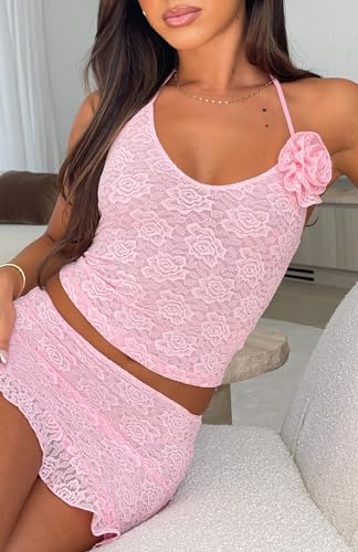 Women Lace 2 Piece Skirt Set Y2k Spaghetti Strap Cami Crop Top Bodycon Mini Skirt Floral Ruffle Going Out Outfit3