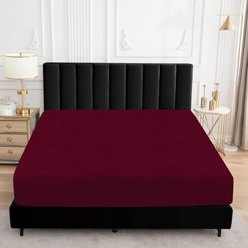 Image of 100% Waterproof Mattress Protector | Permium Cotton Mattress Skin Friendly Bed Cover | Breathable & Non-Allergenic Ultra Soft Elastic Fitted Bed Protector | 78x60 Inch, Queen, Maroon