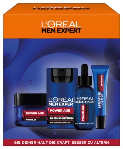 LOréal Men Expert Pflegeset gegen Falten für Männer Geschenkset mit Augenpflege Serum Tag & Nachtcreme Geschenke für Herren mit Hyaluronsäure Power Age 2 x 50 ml 1 x 30 ml 1 x 15 ml