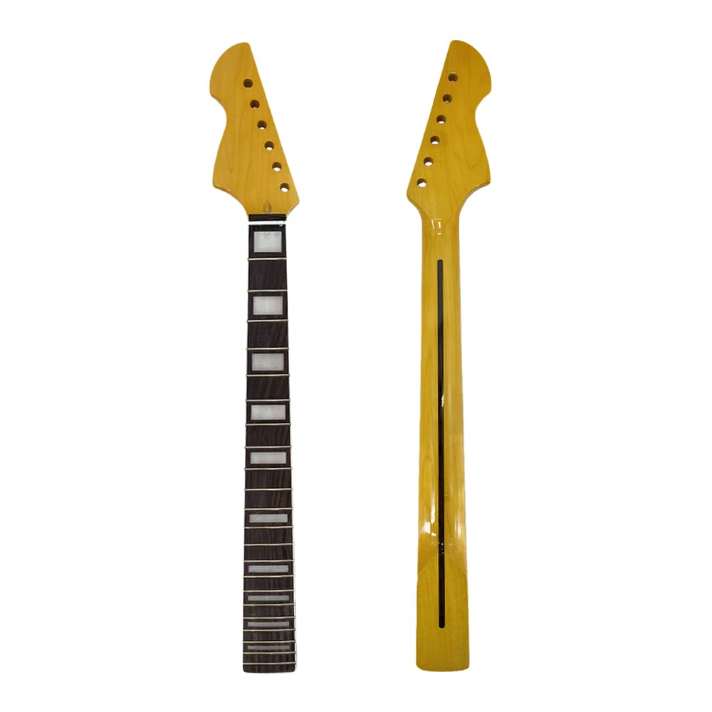 Manico di ricambio per chitarra elettrica in acero per mancini, con vernice gialla lucida, 22 tasti, scala 64,8 cm, tastiera in palissandro con inserto bianco, forma a C, dado normale sul