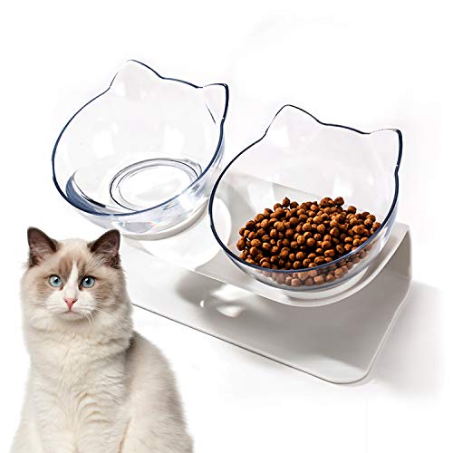 Elevated Double Dog Cat Bowls, ZXK CO Cat Food Water Bowls 15° Tilted Raised Stand Pet Feeder Cat Dishes Holder Cat Bowls for Cats and Small Dogs