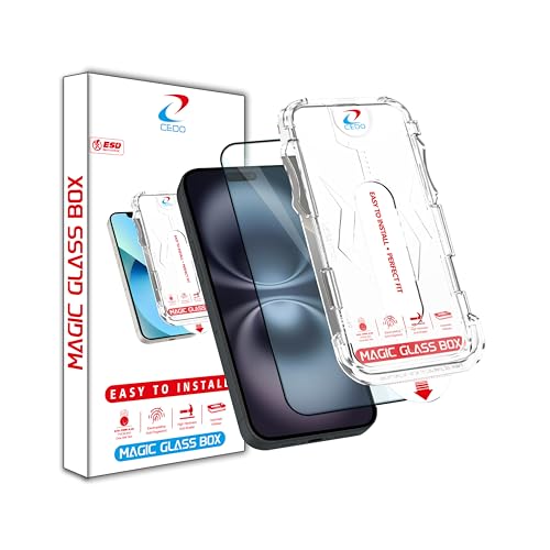 Image of CEDO Magic Box Tempered Glass for iPhone 16 Plus | Dust & Bublle Free Installation Screen Protector with auto Alignment Tool | HD Clear Quality Tempered Glass with Easy Installation Kit (Black)