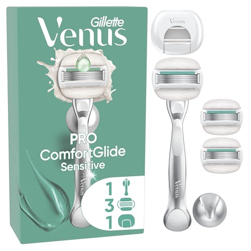 Gillette Venus Pro ComfortGlide Sensitive Damenrasierer mit einem Hauch von Aloe Vera, 3 Ersatzklingen, langlebiges Metallhandstück und Duschhalterung