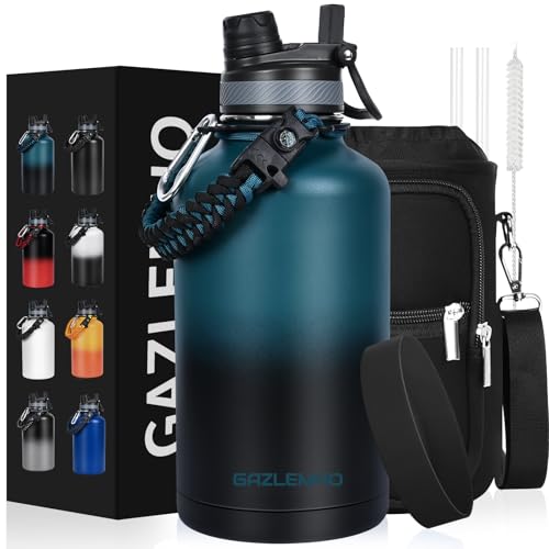 Image of GAZLEMHO Insulated Water Bottle 64 oz, Half Gallon Water Jug Cold 48H, BPA Free Stainless Steel Bottles with Straw /Chug 2-in-1 Lid, Bag, Paracord Handle, Silicone Boot, Sports Gym School Metal Flask